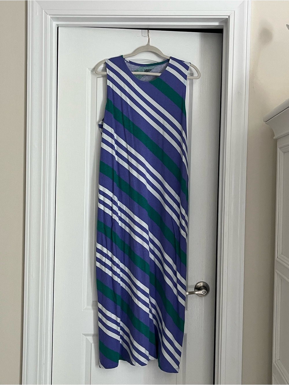 Lands' End Sleeveless Diagonal Stripe Maxi Dress in Blue, Green & White